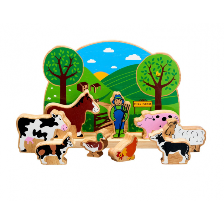 Décor de ferme et 9 figurines en bois