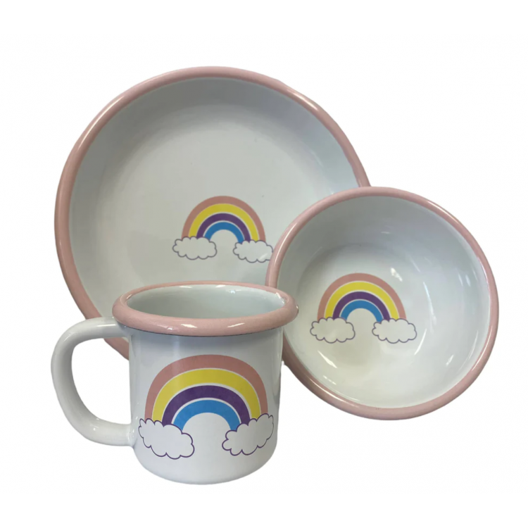 Ensemble vaisselle enfant en émail - Motif arc-en-ciel