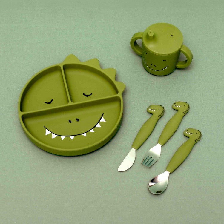 Assiette à compartiments et ventouse en silicone - Dino