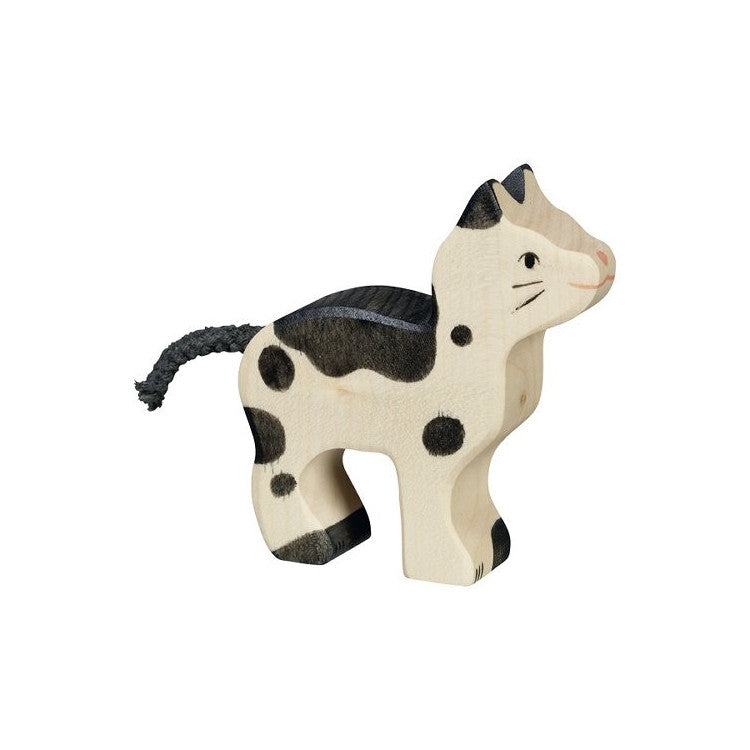 Petit chat noir et blanc en bois, peint main
