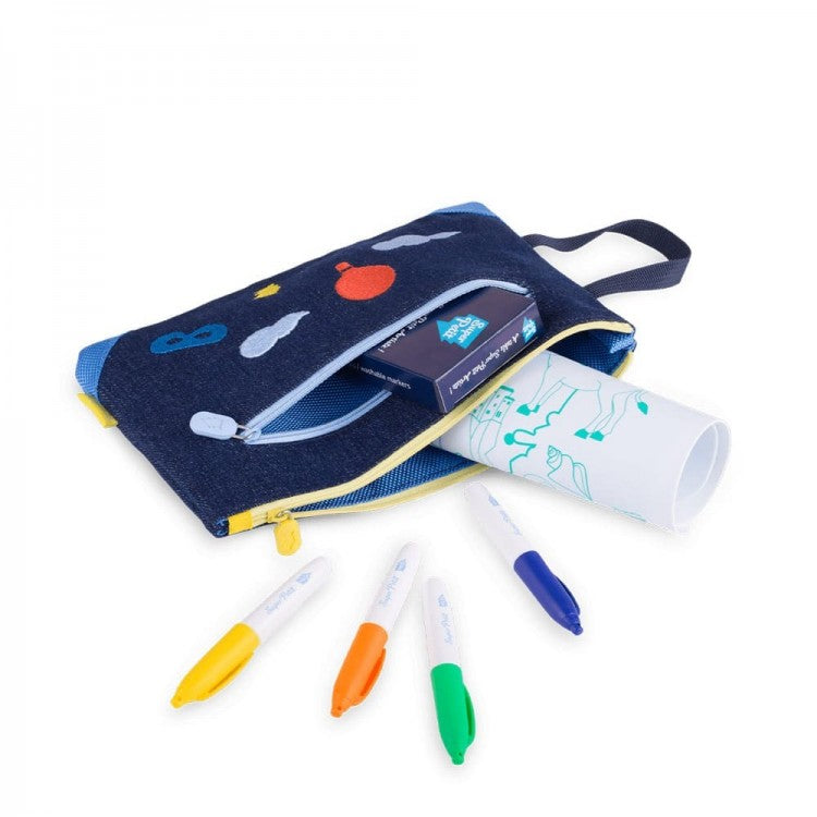 Trousse écolier Denim brodée - Ciel