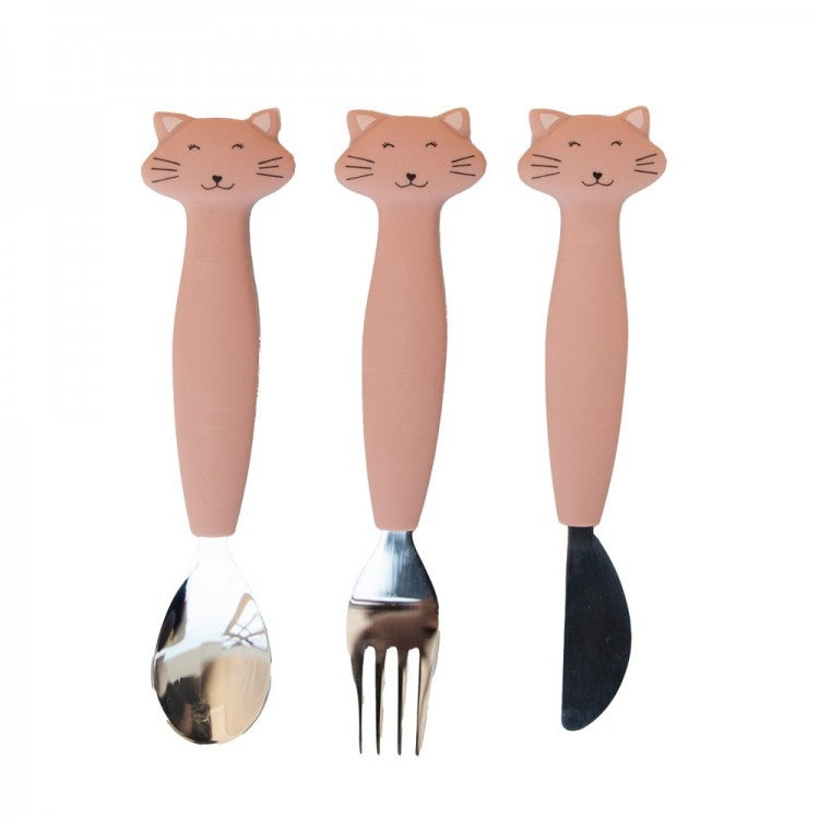 Couverts 3 pièces en silicone et métal - Chat