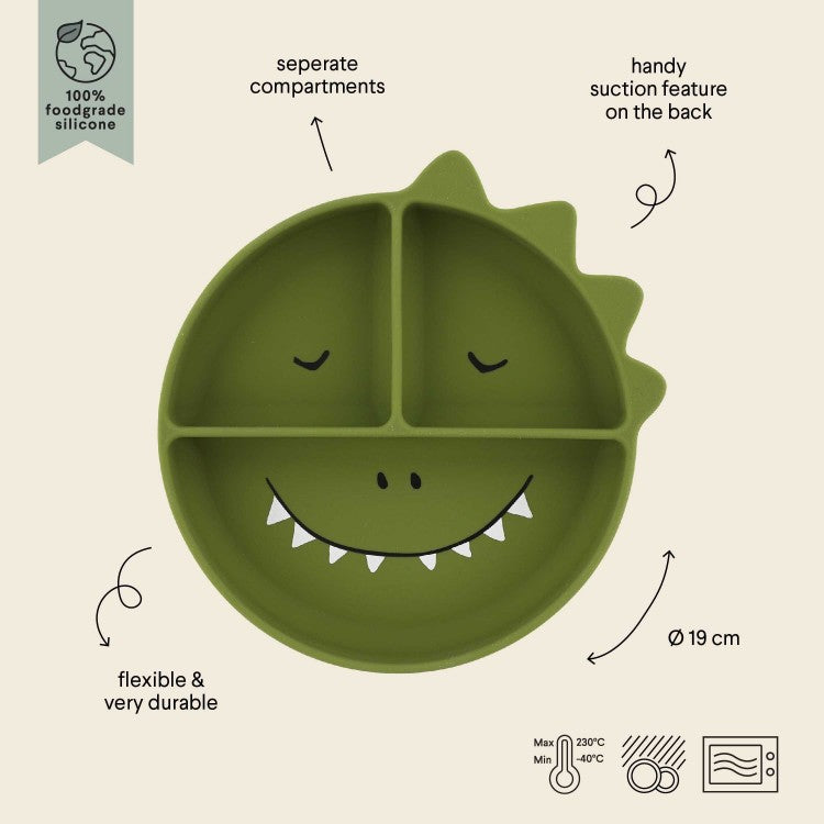 Assiette à compartiments et ventouse en silicone - Dino