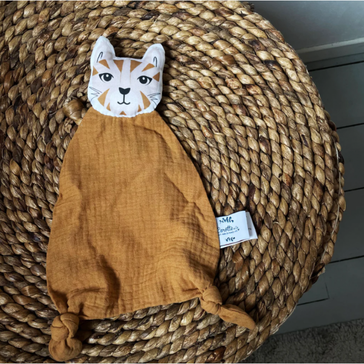 Doudou plat en gaze de coton à tête de chat