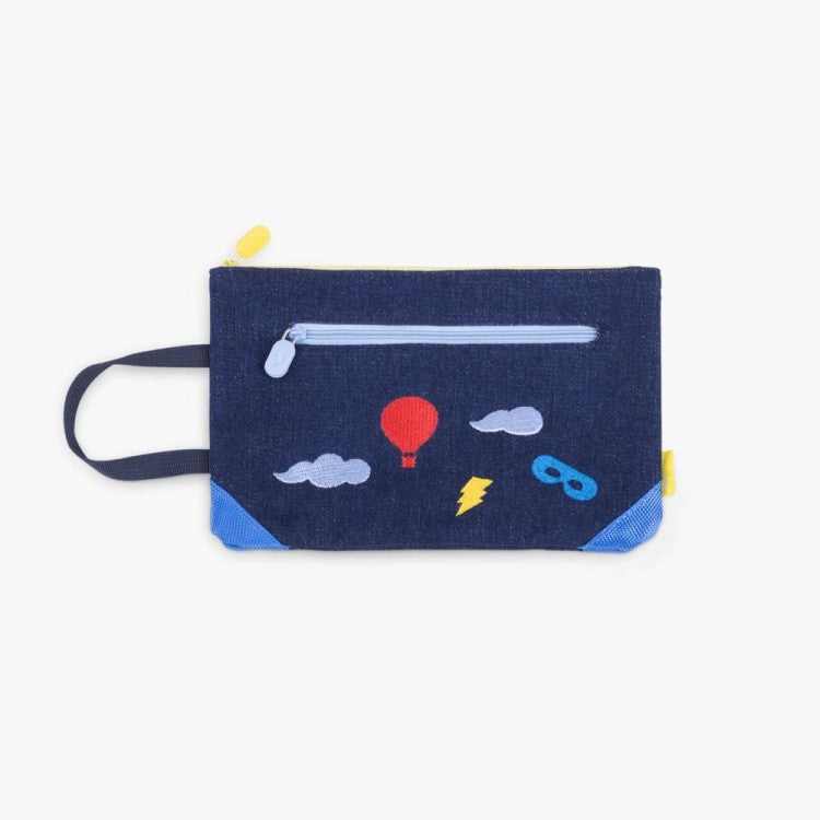 Trousse écolier Denim brodée - Ciel