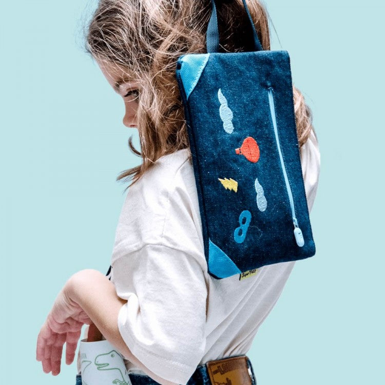 Trousse écolier Denim brodée - Ciel